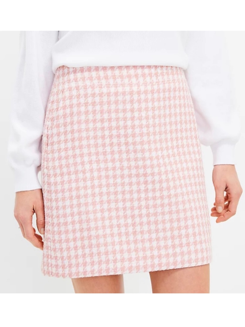 LOFT Pink & White Houndstooth Tweed Mini Skirt